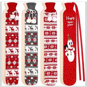 Set of 4 Long Hot water bottles in Christmas themed washable sweater covers NWT